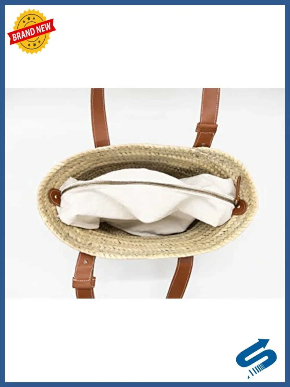 Handmade Woven Straw Beach Bag with Vegan Leather Handles, Market Basket